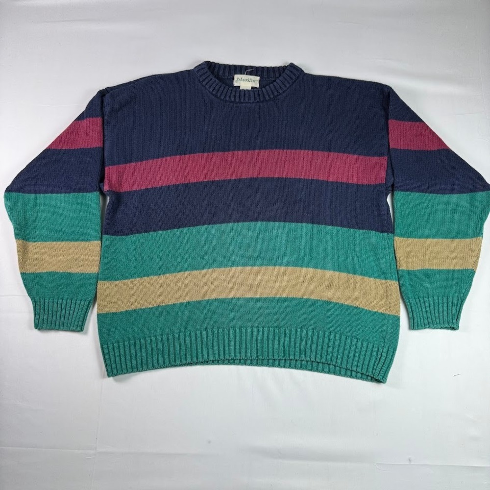 Vintage St Johns Bay Mens XL Striped Colorblock Cotton Knit Sweater Navy 90s VTG